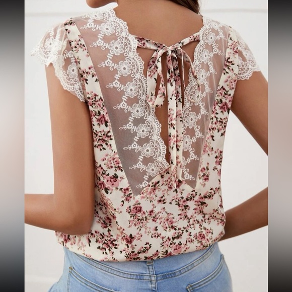 Boho Floral Print Lace Top Blouse shirt - Picture 2 of 8
